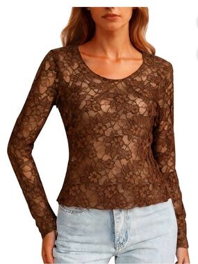 Brown Lace Long-Sleeve Scoop Neck Top